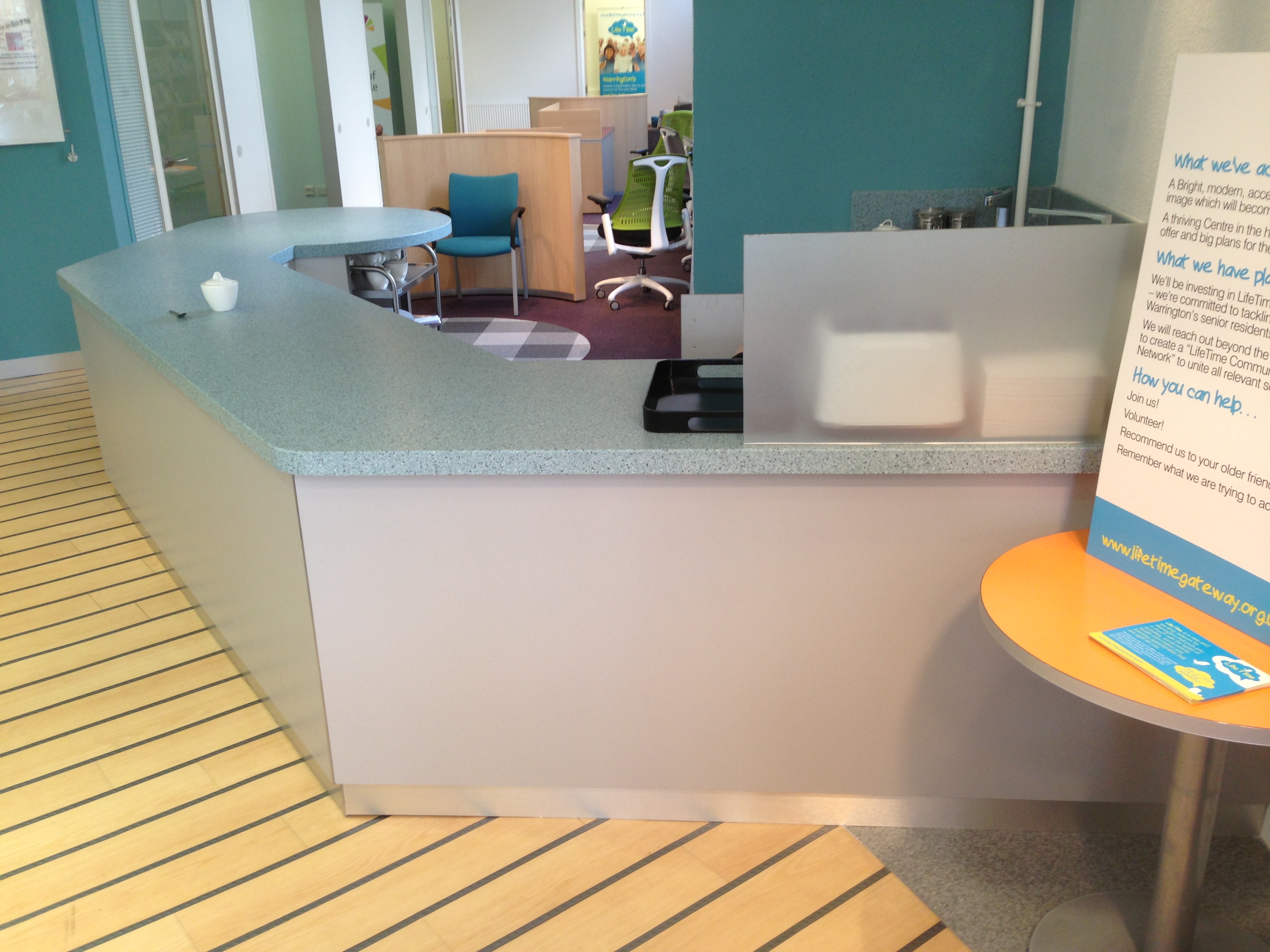 Coffee bar reception – Warrington Fascia made up in Mr Mdf with steel formica laminate, plinth made from stainless steel