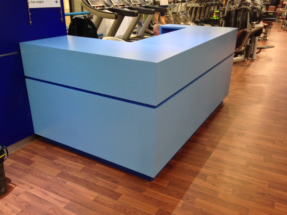 Gym Reception - Preston. Manufactured in 18 mm mr mdf laminated in 2 no colours of formica  laminate
