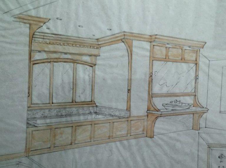 Period bathroom sketch in oak with white italin  marble